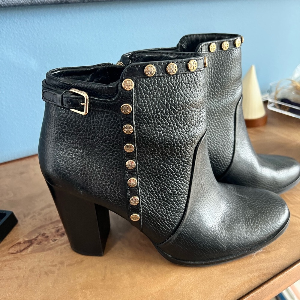 Tory Burch Black Ankle Boots with Gold Accents